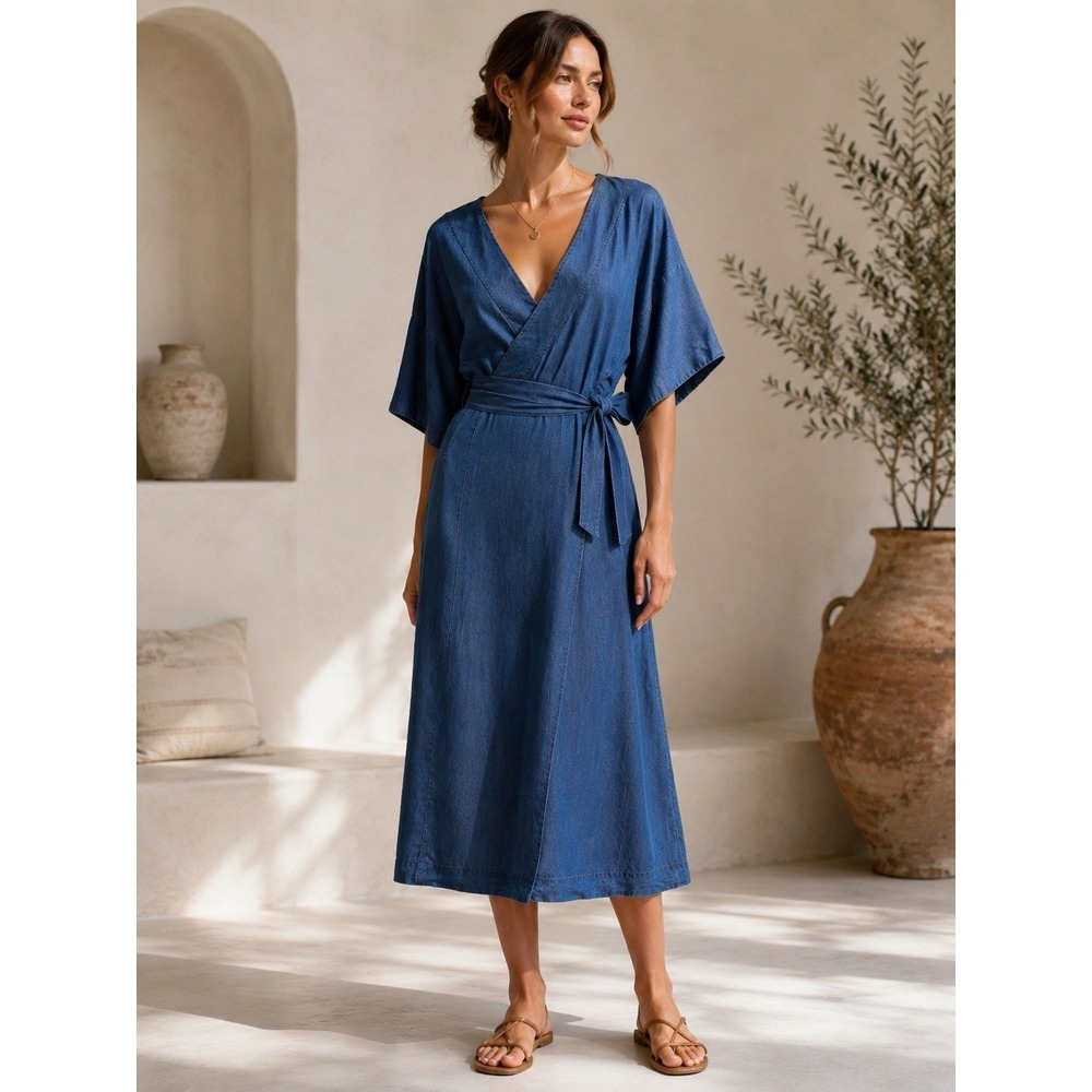 WARM Denim Wrap Dress M Blue Chambray Kimono Sleeve Tie Waist Midi Dress Asian